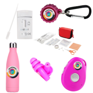 drugstest, oordoppen, drinkfles, SOS knop, Festivaldop, veiligheidskit, roze