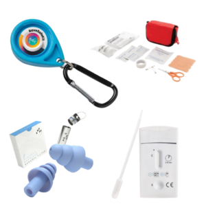 drugstest, oordoppen, drinkfles, SOS knop, Festivaldop, veiligheidskit, mini, blauw