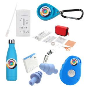 drugstest, oordoppen, drinkfles, SOS knop, Festivaldop, veiligheidskit, blauw