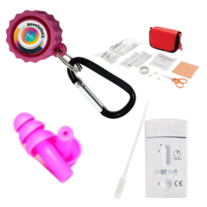 drugstest, oordoppen, drinkfles, SOS knop, Festivaldop, veiligheidskit, mini, roze
